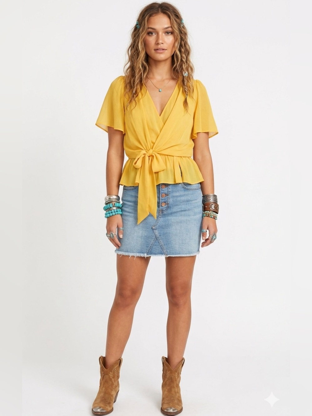 ANTHROPOLOGIE J.O.A. Yellow Flutter Sleeve Wrap Blouse